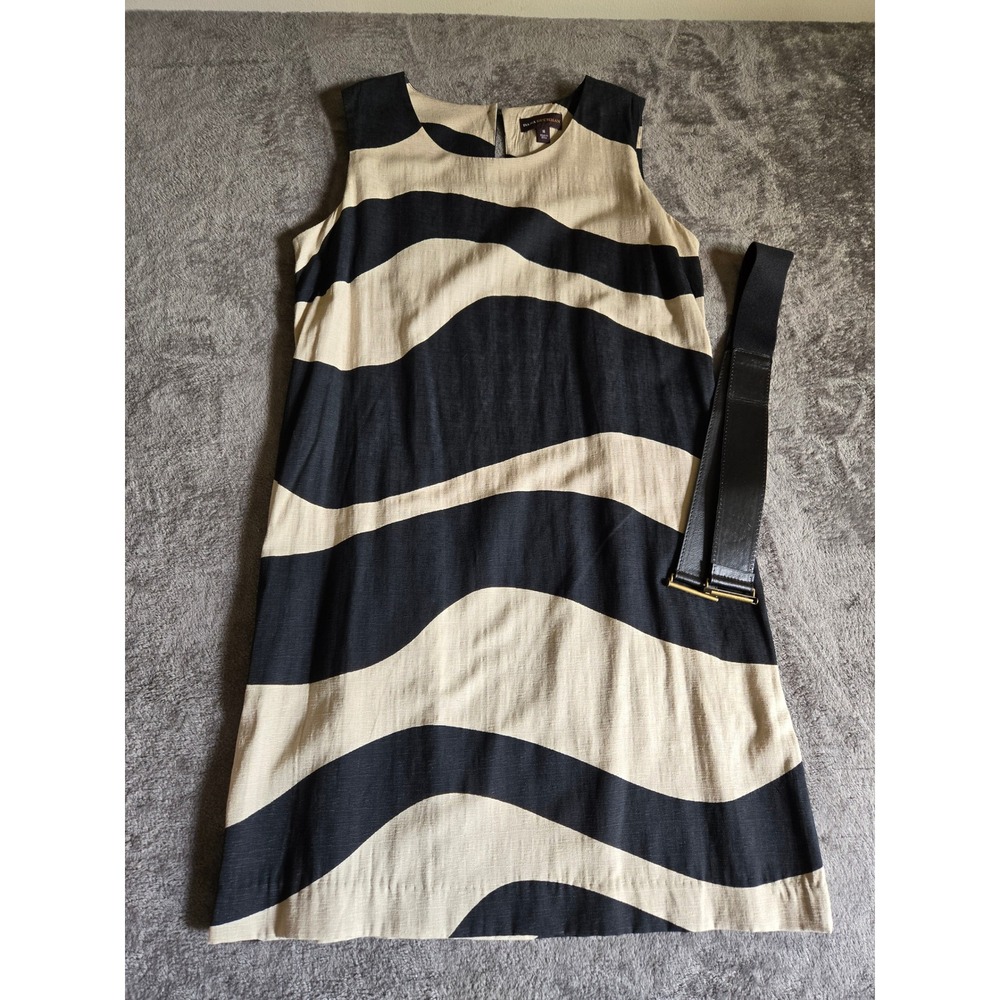 Dana Buchman Shift Dress Women 14 Black Tan New Wavy Stripe Belted DM11904